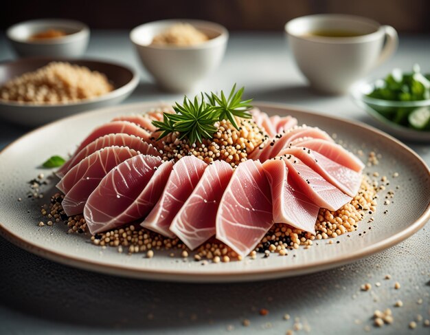 Photo a plate of food with meat and spices on it