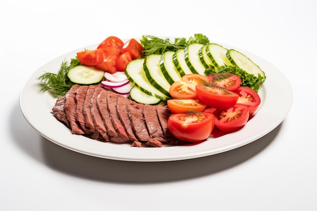 A plate of food with meat and vegetables Isolated on white background