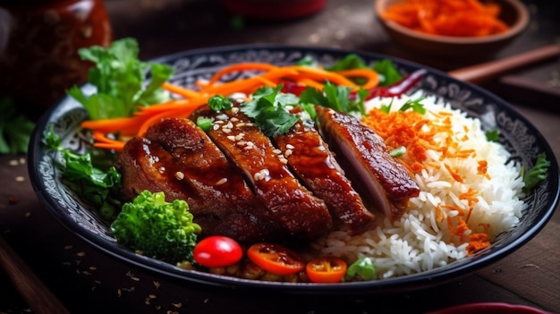 A plate of food with meat and vegetables