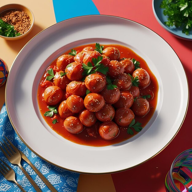 Photo a plate of food with meatballs and a fork on a table