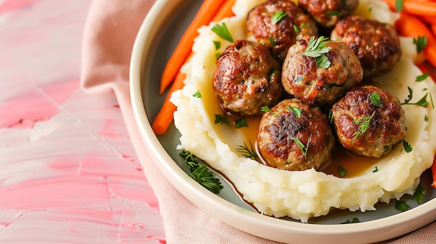 Photo a plate of food with meatballs and mashed potatoes