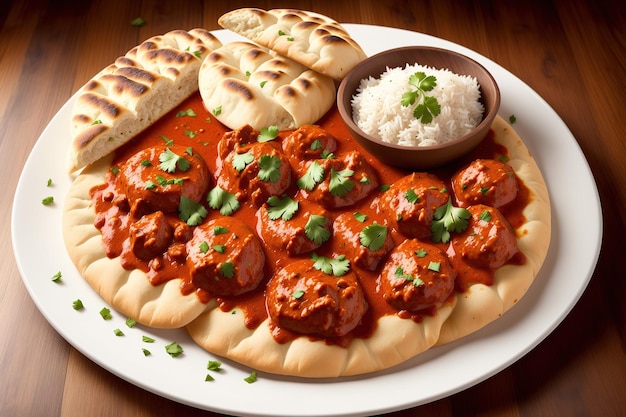 A plate of food with meatballs and naan bread.