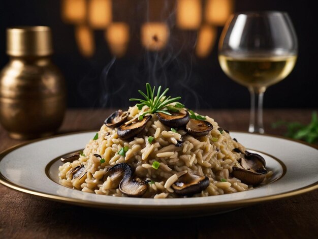 Photo a plate of food with mushrooms and a glass of wine