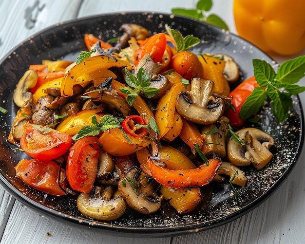 a plate of food with mushrooms tomatoes and basil