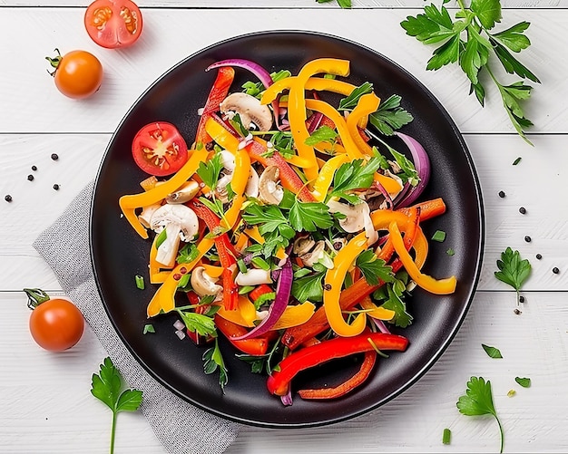 a plate of food with mushrooms tomatoes and basil