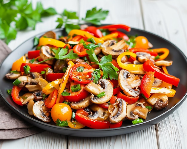 a plate of food with mushrooms tomatoes and basil