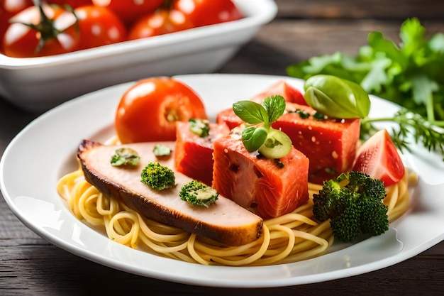 A plate of food with noodles, broccoli, tomatoes, and broccoli.