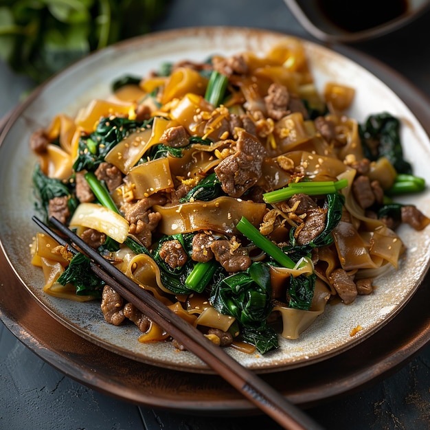 a plate of food with noodles and meat and vegetables