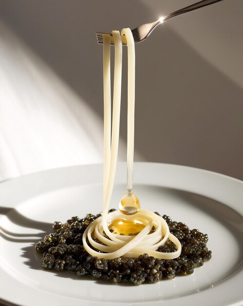 Photo a plate of food with noodles and olives on it