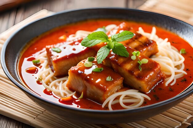 a plate of food with noodles and a tomato sauce.