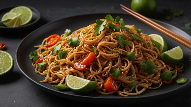 a plate of food with noodles and vegetables on it