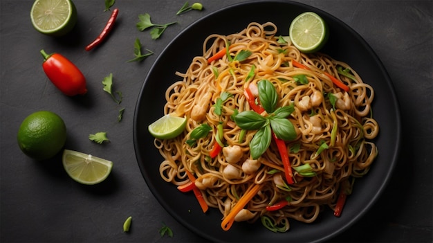 a plate of food with noodles and vegetables on it