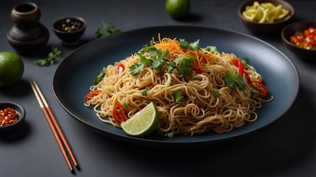 a plate of food with noodles and vegetables on it