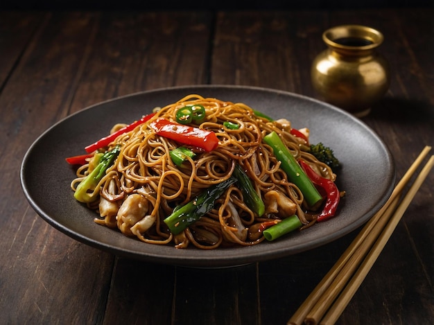 a plate of food with noodles and vegetables on it