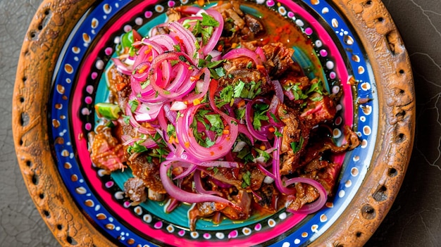 a plate of food with onions and meat on it