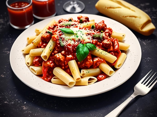 Photo a plate of food with pasta and sauce on it