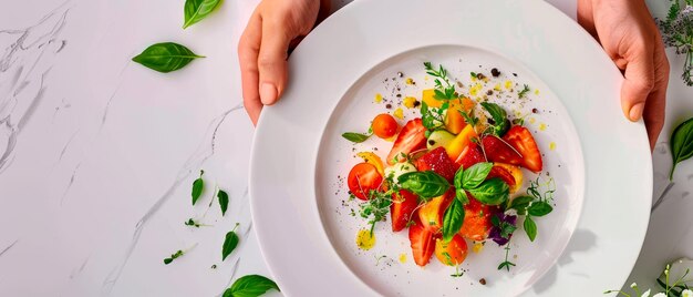 A plate of food with a person holding it variety of fruits and vegetables