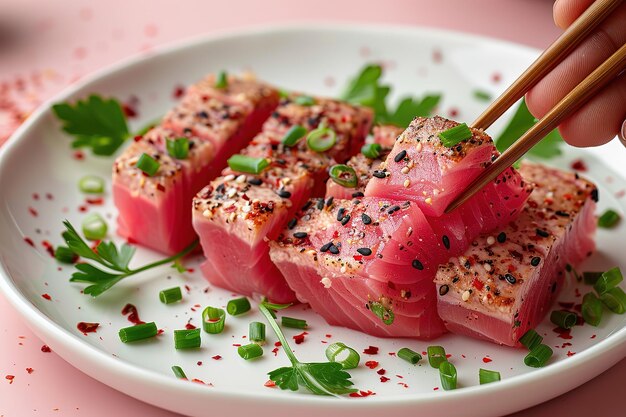 Photo a plate of food with a person using chopsticks to eat it