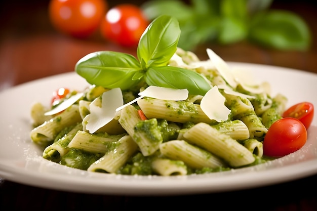 A plate of food with pesto sauce on it