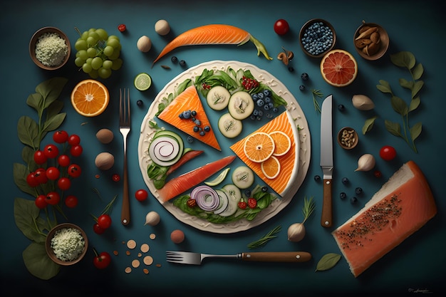 A plate of food with a picture of a salmon and vegetables.