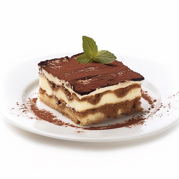 A plate of food with a piece of cake on it and a mint leaf on the side.