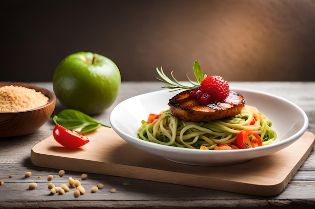 A plate of food with a piece of chicken and spaghetti on top