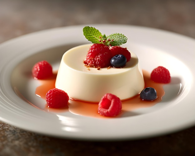 A plate of food with a piece of flan and berries on it