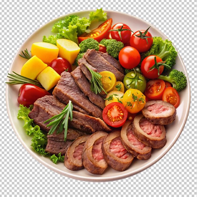 Photo a plate of food with a piece of meat vegetables and a tomato on transparent background