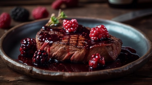 A plate of food with a piece of meat with raspberry sauce on it