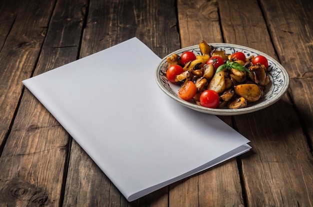 Photo a plate of food with a piece of paper next to it with a piece of paper on it