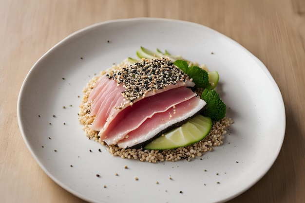 A plate of food with a piece of thinly sliced tuna and some sesame seeds on top The plate is white