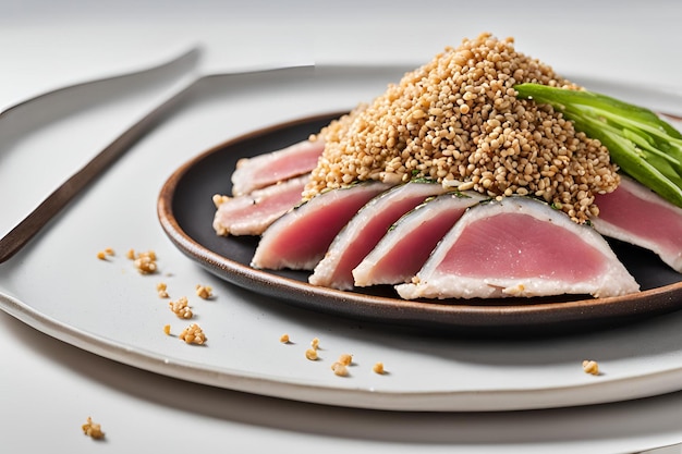 A plate of food with a piece of thinly sliced tuna and some sesame seeds on top The plate is white