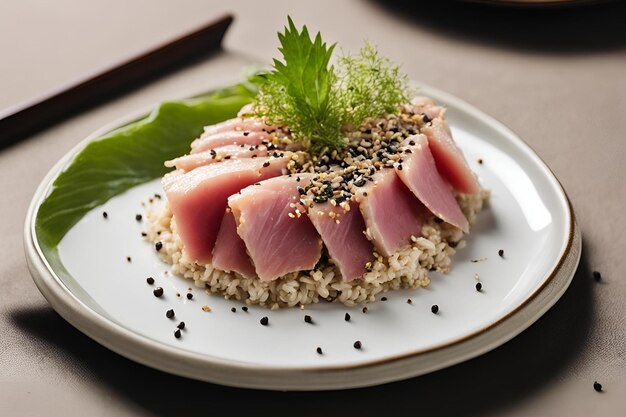 A plate of food with a piece of thinly sliced tuna and some sesame seeds on top The plate is white