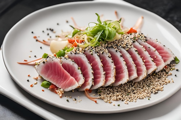 A plate of food with a piece of thinly sliced tuna and some sesame seeds on top The plate is white