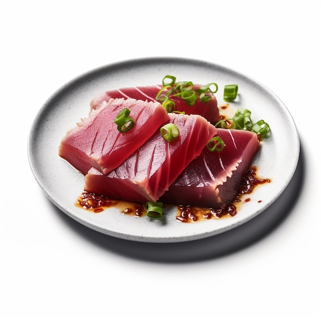 A plate of food with a piece of tuna on it