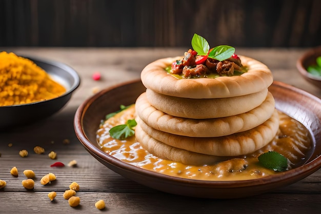 A plate of food with a pile of bread and a bowl of yellow curry sauce.