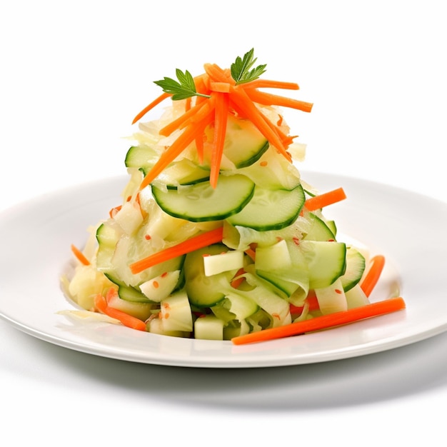 A plate of food with a pile of cucumber and carrots.