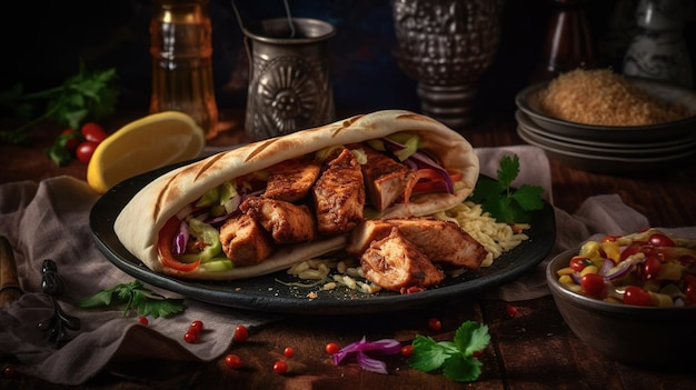 A plate of food with a pita and a bowl of food on it