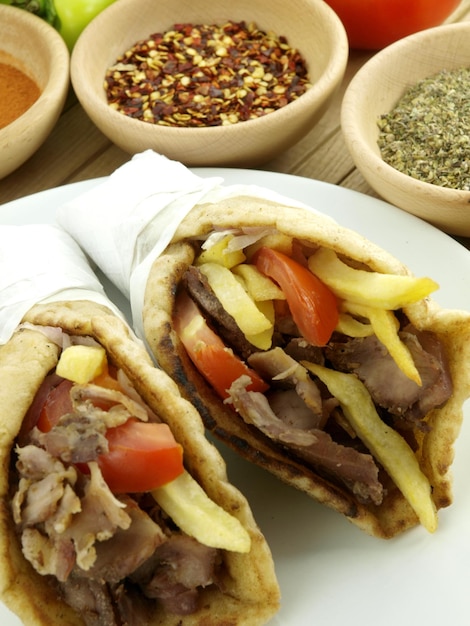 A plate of food with a pita sandwich on it