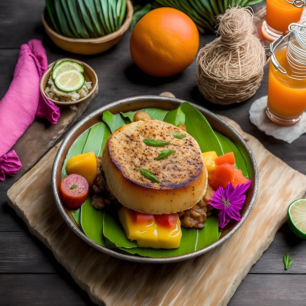 A plate of food with a plant on it and a pink napkin next to it.