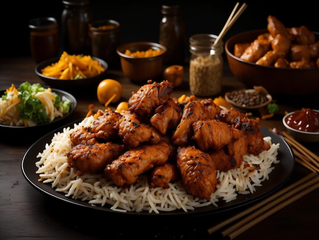 A plate of food with a plate of chicken and rice.