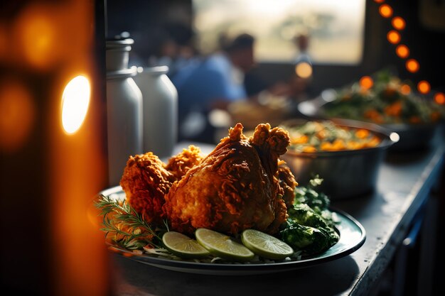 A plate of food with a plate of chicken and vegetables