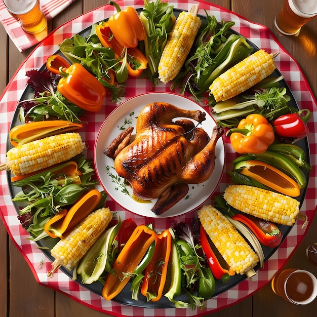 a plate of food with a plate of corn corn and vegetables