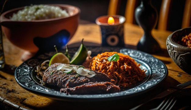 A plate of food with a plate of food and a candle in the background