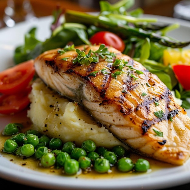 a plate of food with a plate of food including fish peas and green peas