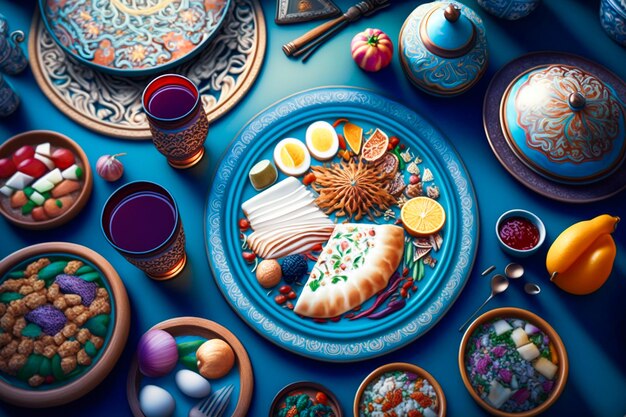 A plate of food with a plate of food on it and a cup of tea on the table.