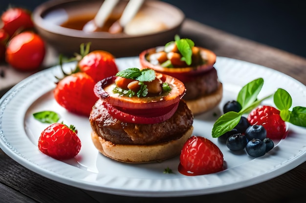 a plate of food with a plate of food that has fruit on it