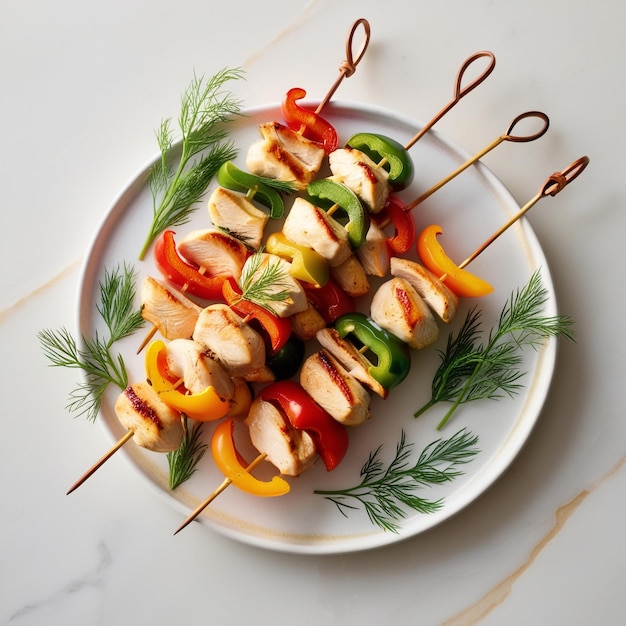 a plate of food with a plate of food that includes chicken peppers and peppers