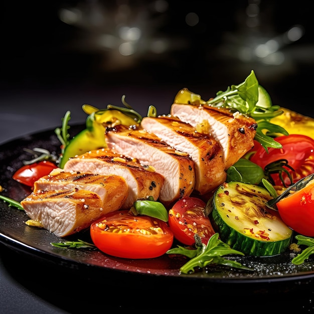 a plate of food with a plate of food that says chicken and vegetables