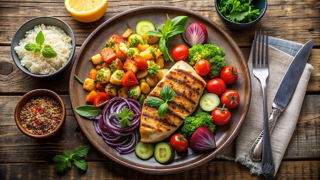 a plate of food with a plate of food that says grilled chicken and vegetables